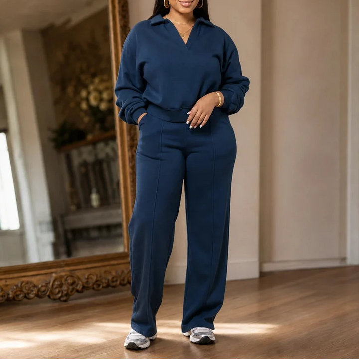 Velaire – Collared V-Neck Top And Straight-Leg Pants Set