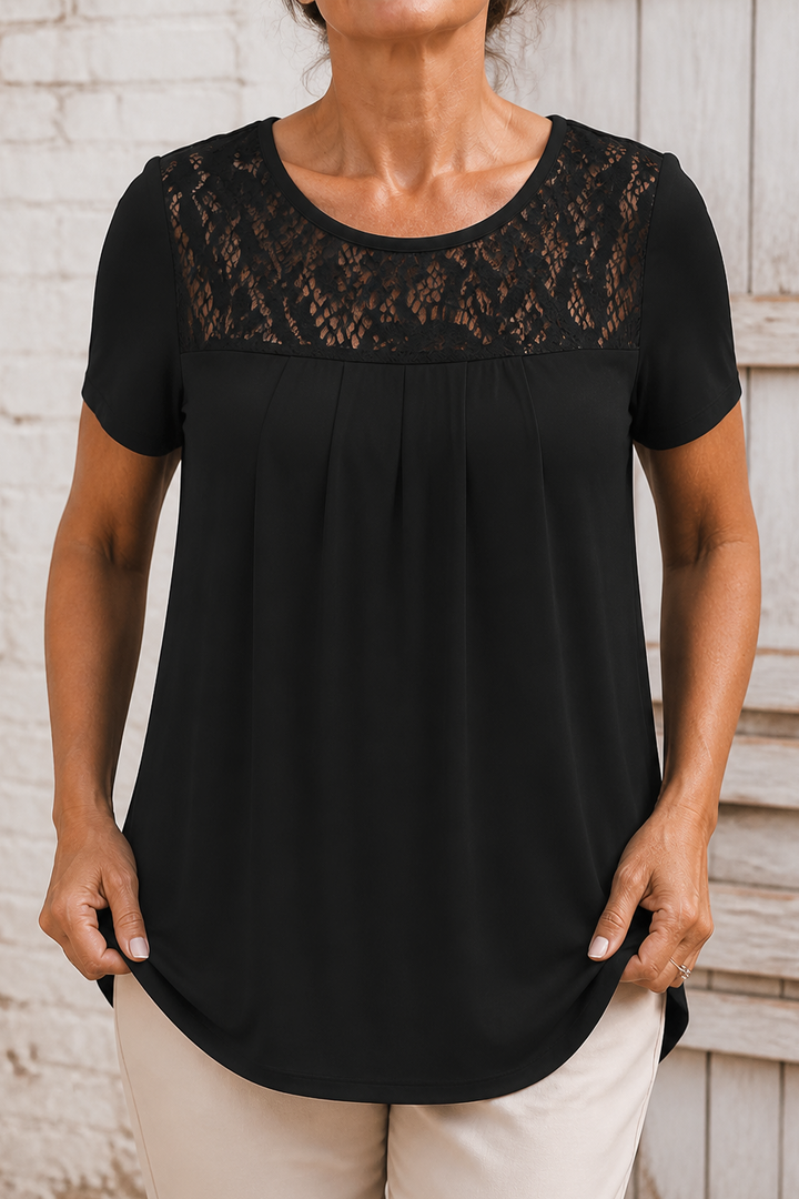 Wearbella – Floral Lace-Look Yoke Pleated Front Tee