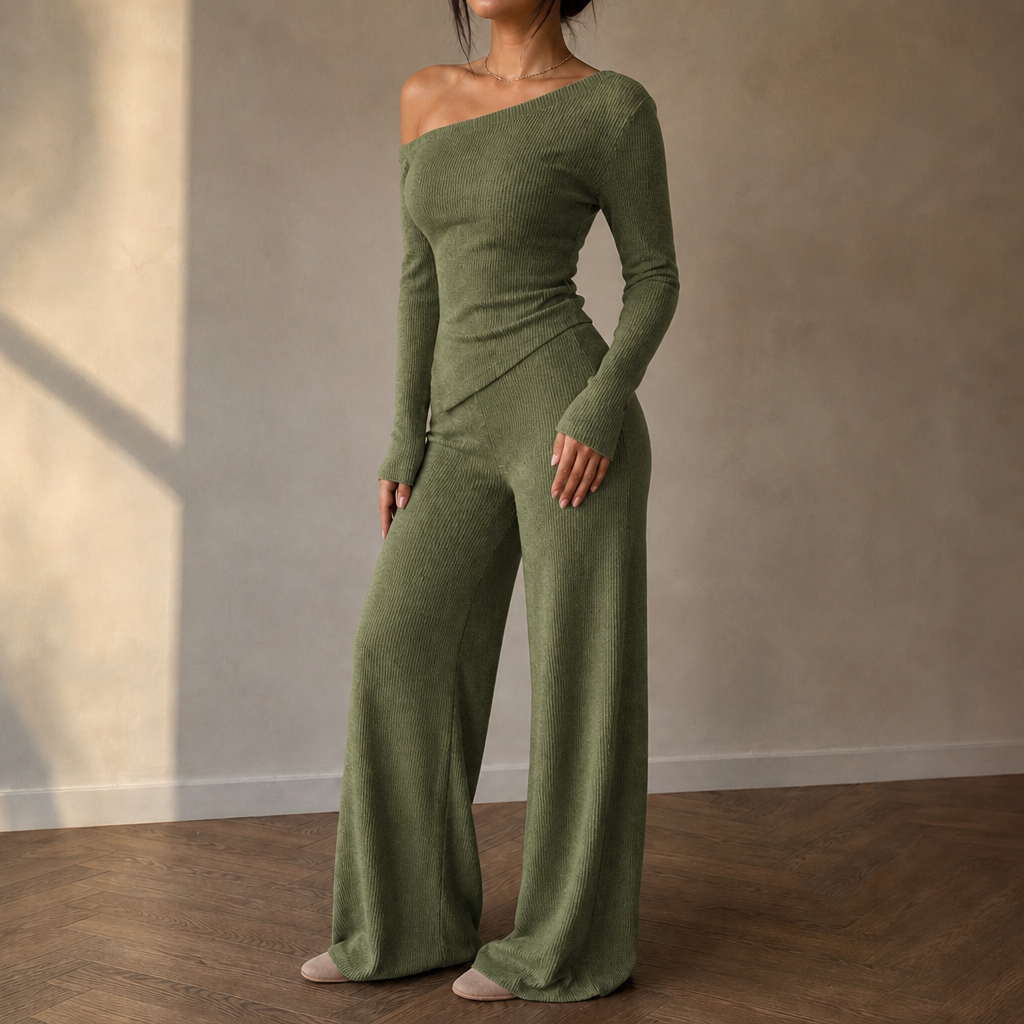 Veloura – Off-Shoulder Long-Sleeve Wide-Leg Pants Set