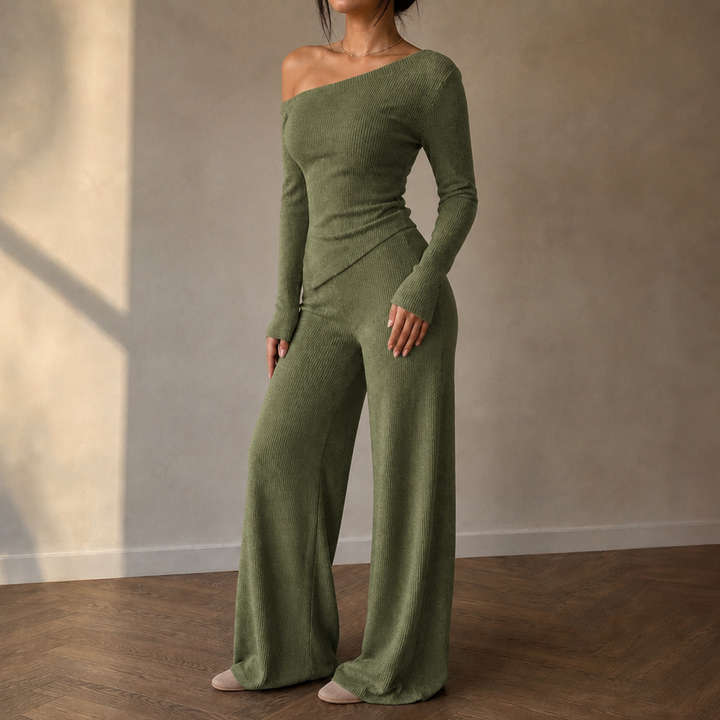 Veloura – Off-Shoulder Long-Sleeve Wide-Leg Pants Set