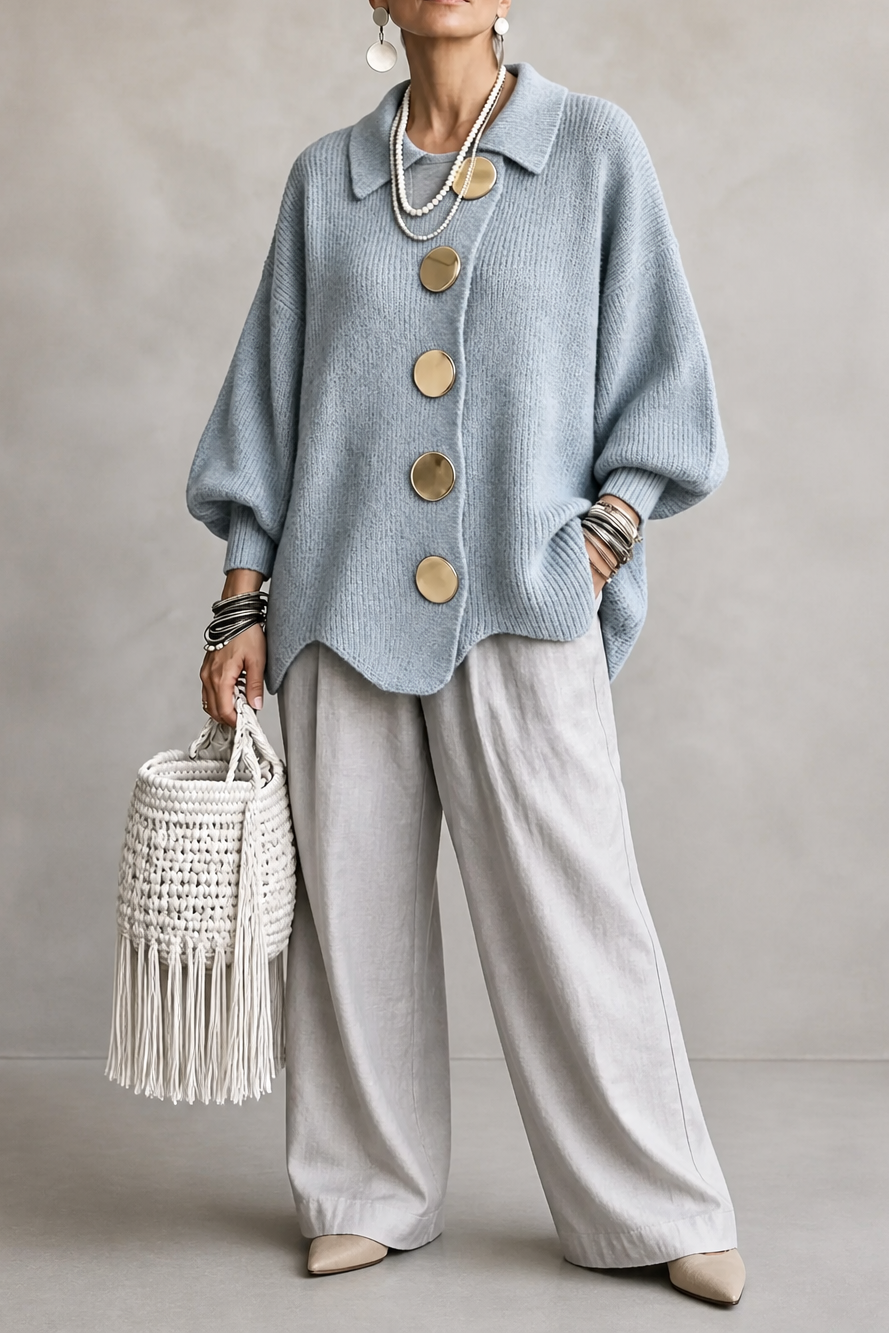 Wearbella – Oversized Scalloped-Hem Button Cardigan