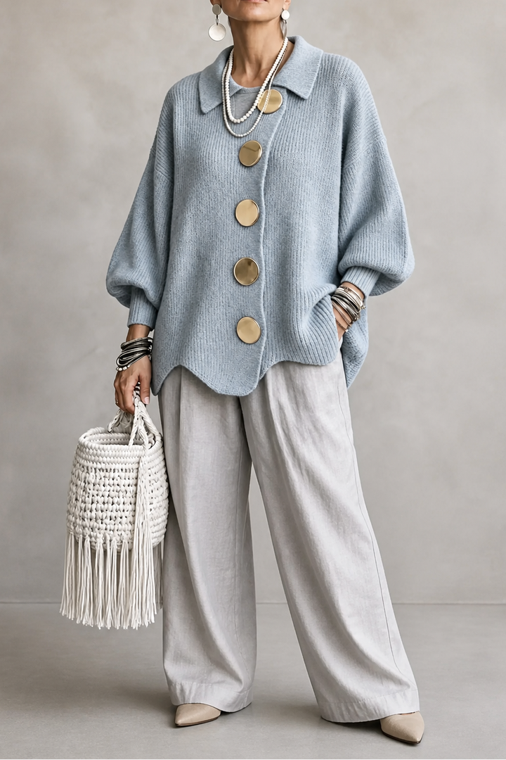 Wearbella – Oversized Scalloped-Hem Button Cardigan