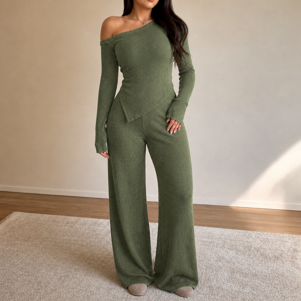 Wearbella – Off-Shoulder Ribbed Knit Top And Wide-Leg Pants Set