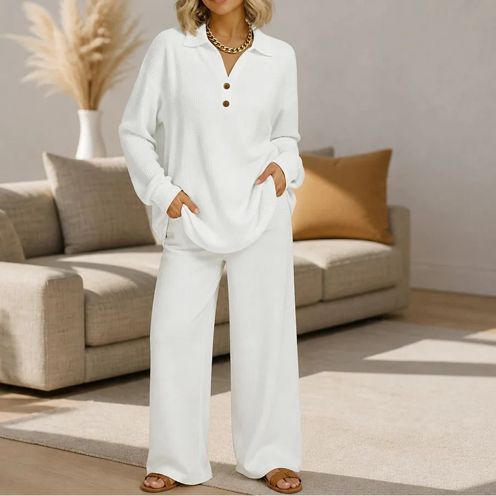 Autumnelle – Waffle-Textured Long-Sleeve V-Neck Blouse