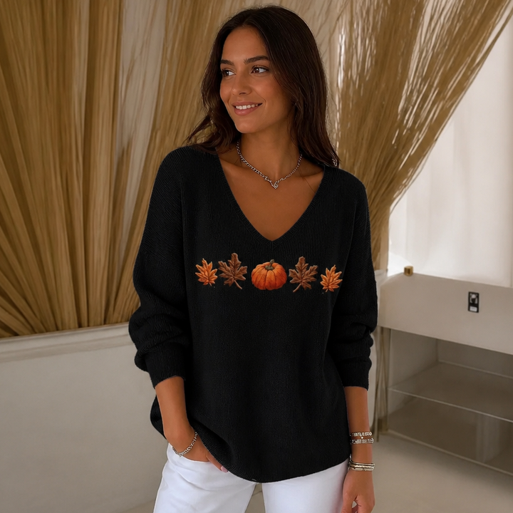 Pumpkin Lane – Pumpkin Print V-Neck Long-Sleeved Shirt