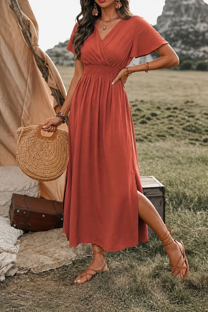 Lunetta – Button-Front V-Neck Side Slit Maxi Dress