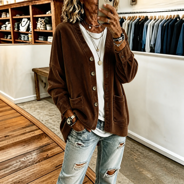 Corduvale – Vertical-Wale Corduroy Open-Front Cardigan