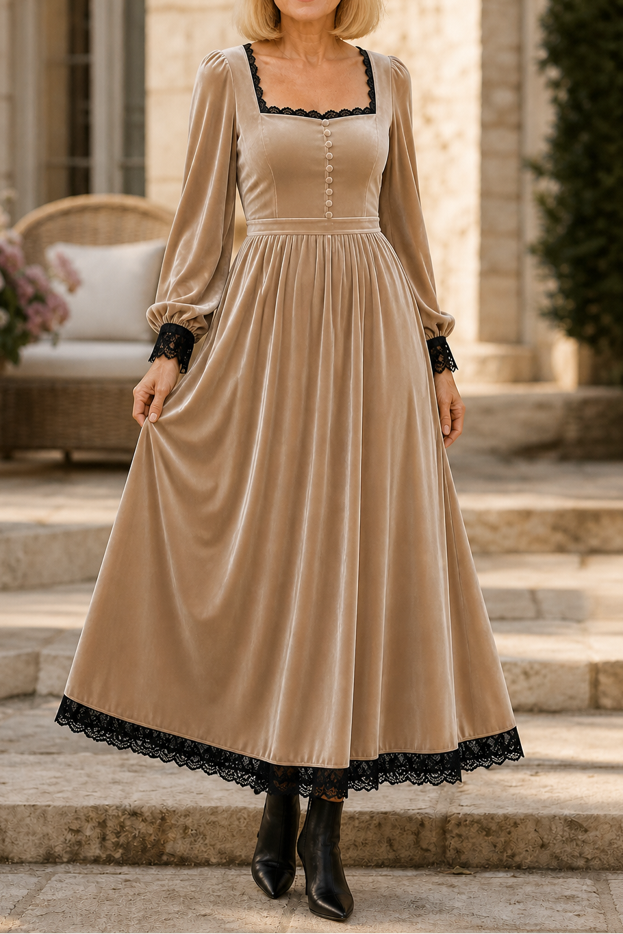 Velourette – Square Neck Fitted Waist Velvet-Look Midi Dress