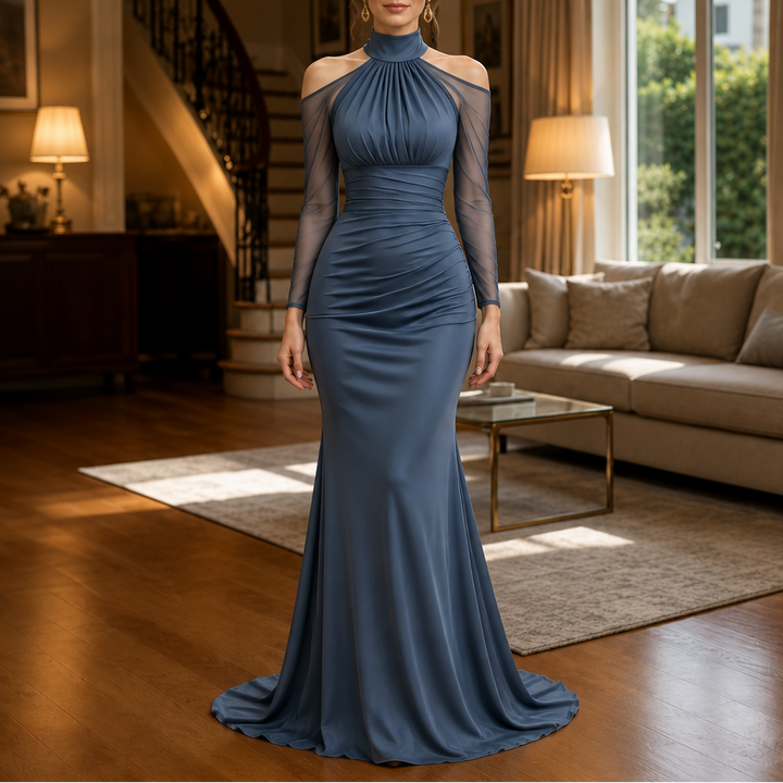 Elara – Cold-Shoulder Ruched Mermaid Evening Gown