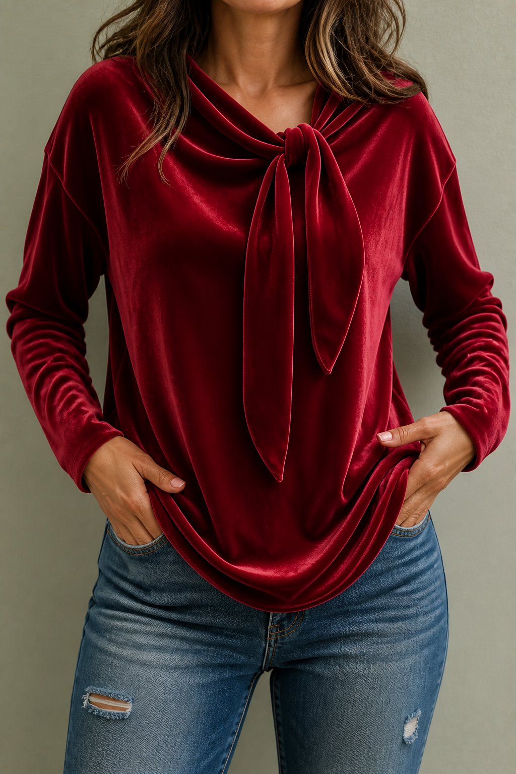 Tievelle – Velvet Tie-Neck Relaxed Blouse