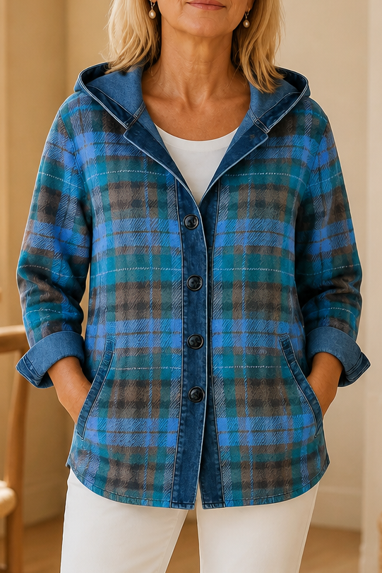 Layerlore – Denim-Look Patchwork Hooded Cardigan