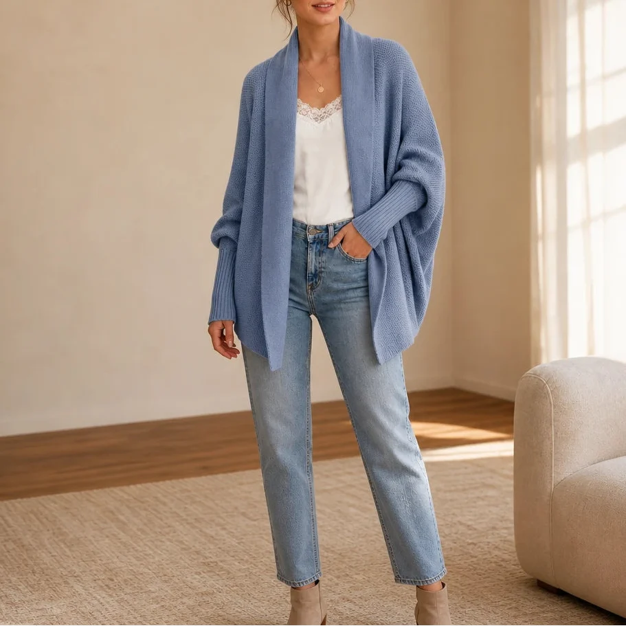 Drapeelle – Textured Batwing Open-Front Knit Cardigan