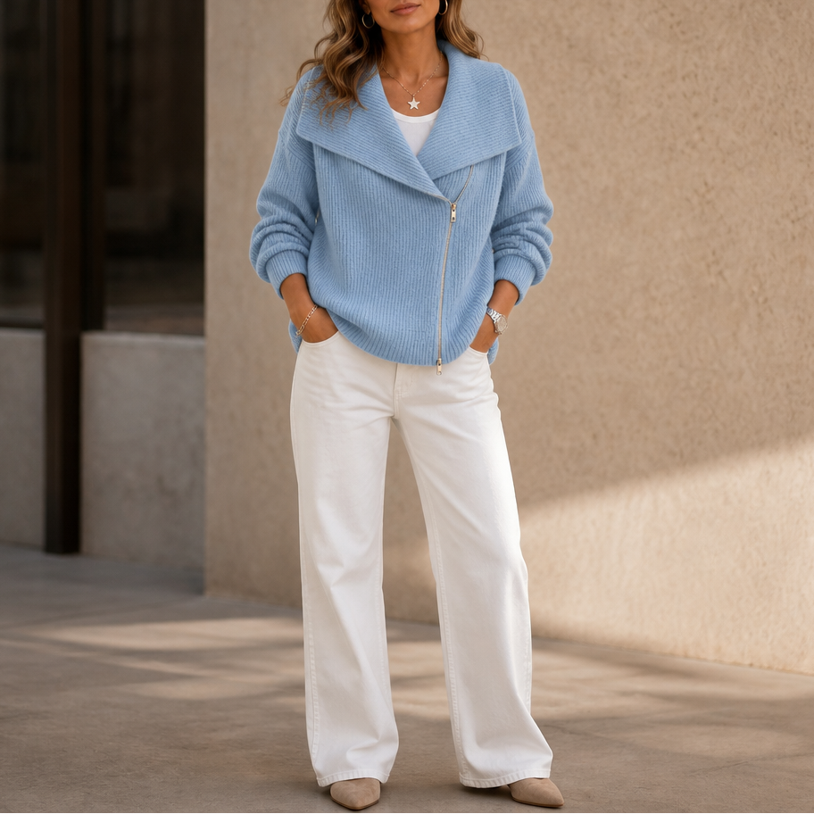 Wearbella – Diagonal Zip Oversized Collar Ribbed Knit Jacket