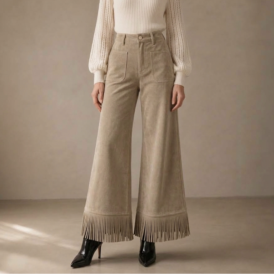 Suevera – Chic Fringe Accented Suede-Look Wide Leg Trousers