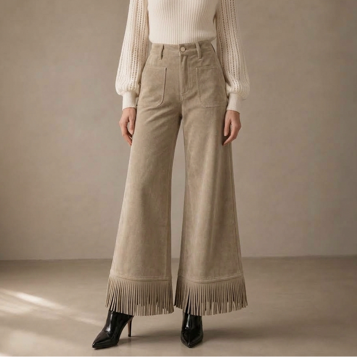 Suevera – Chic Fringe Accented Suede-Look Wide Leg Trousers