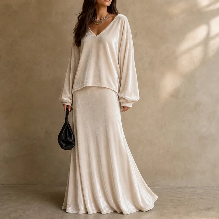 Veloura – Relaxed Velvet Top And Flared Maxi Skirt Set