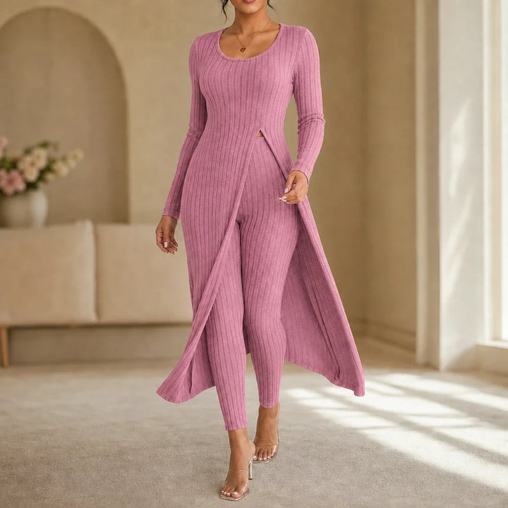 Ribella – Ribbed Side-Slit Tunic And Slim-Fit Pants Set