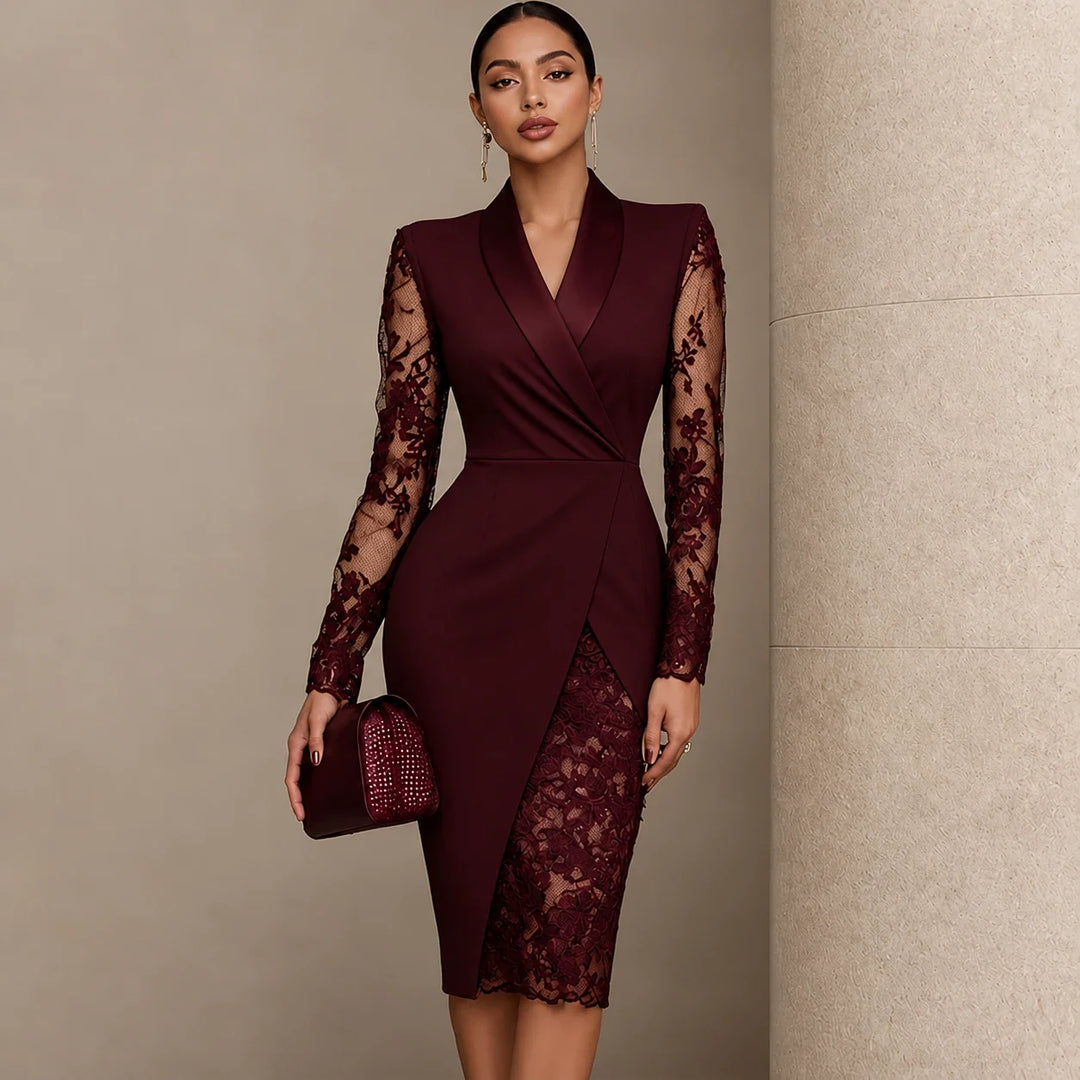 Belleform – Lace-Sleeve Blazer-Wrap Asymmetric Hem Dress