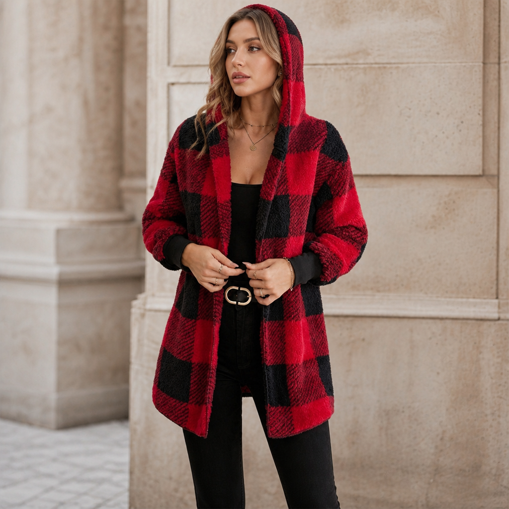 Plaidelle – Oversized Plaid Hooded Fleece-Look Cardigan