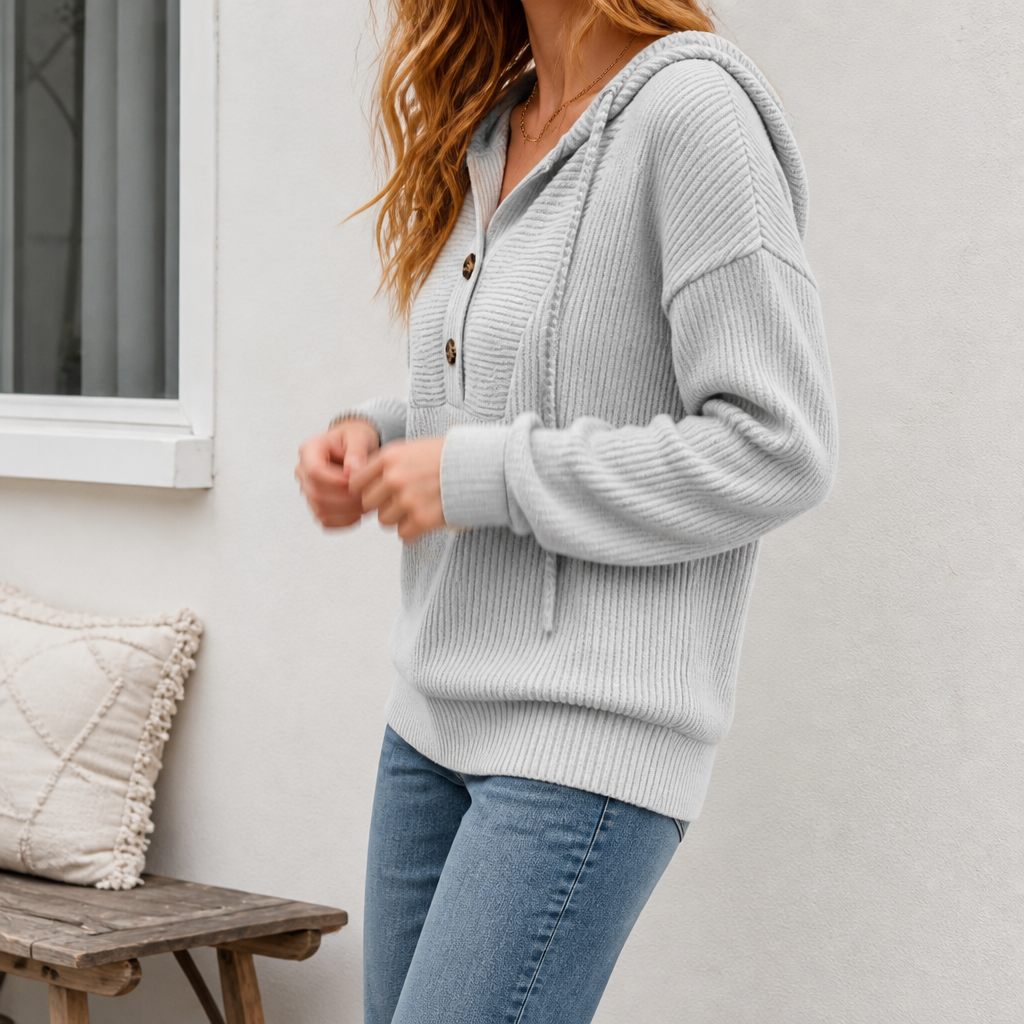 Wovella – Ribbed Knit Button-Neck Hoodie Sweater