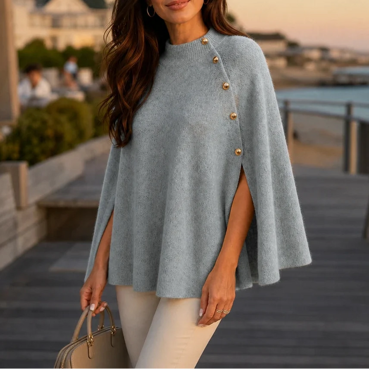 Velora – Button-Detail Side-Slit Knit Poncho Sweater