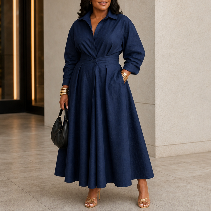 Everly Midi – Belted Long-Sleeve Collared Midi Dress
