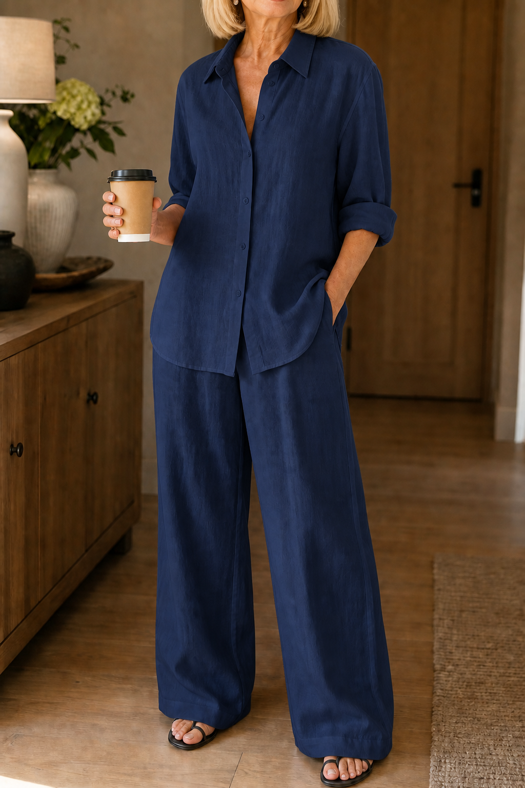 Linore – Matching Linen-Blend Shirt And Wide-Leg Pants Set