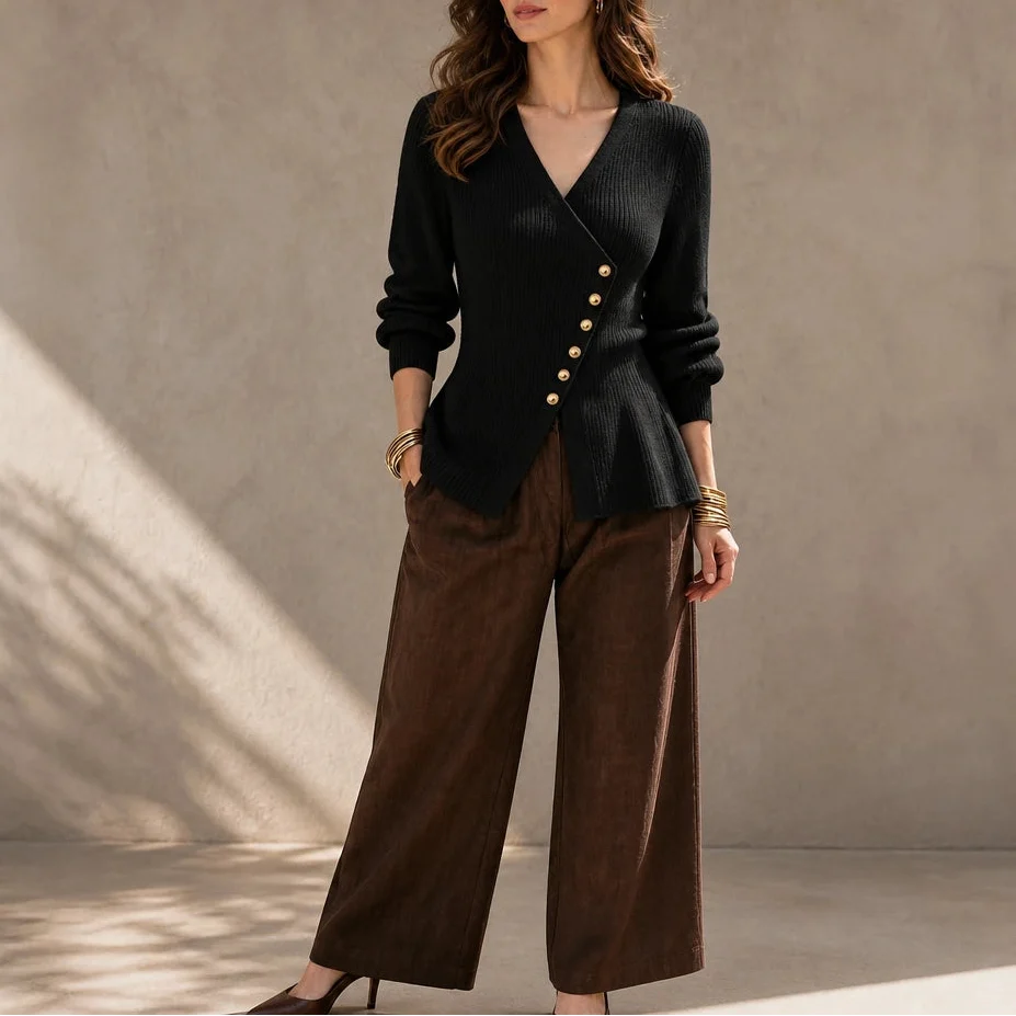 Peplina – Ribbed Asymmetrical Button-Front Peplum Sweater
