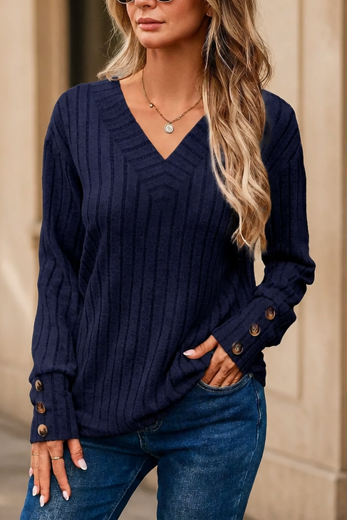 Mavenly – Ribbed V-Neck Button-Cuff Sweater