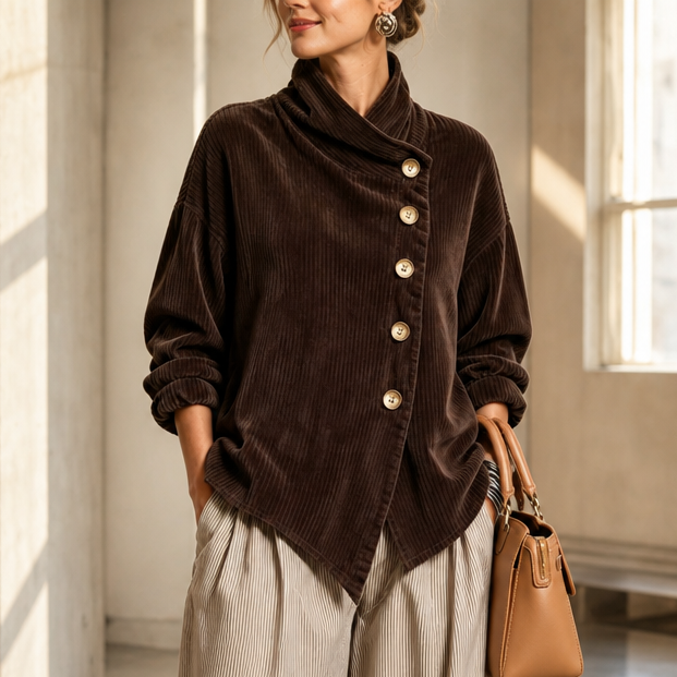 Foldover – Asymmetric Placket Funnel Neck Corduroy Top