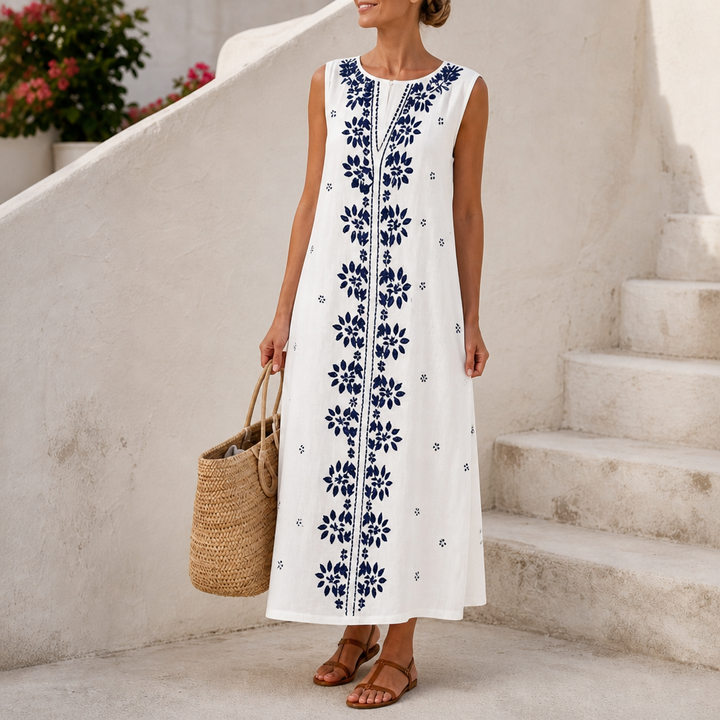 Lineluxe – Red Embroidered Sleeveless Maxi Dress