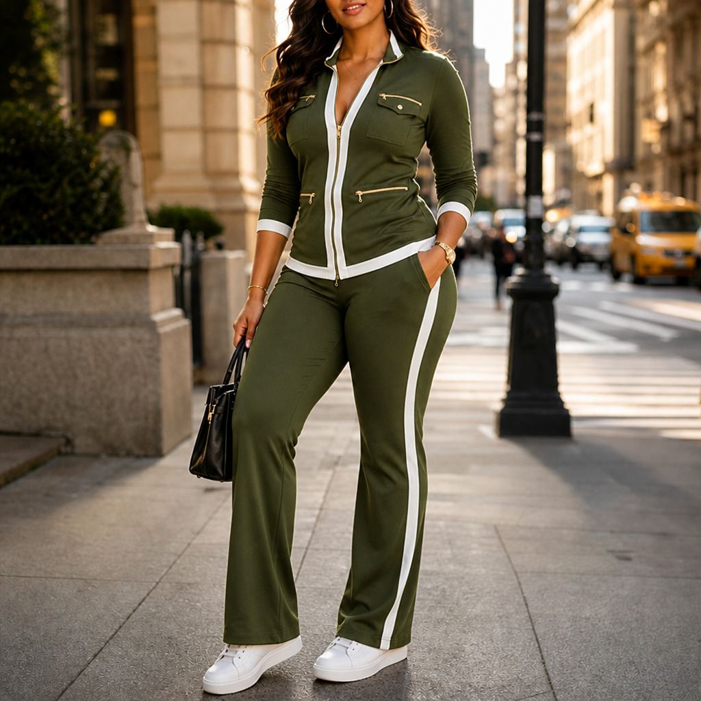Trimora – Contrast-Trim Knit Jacket And Flared Pants Set