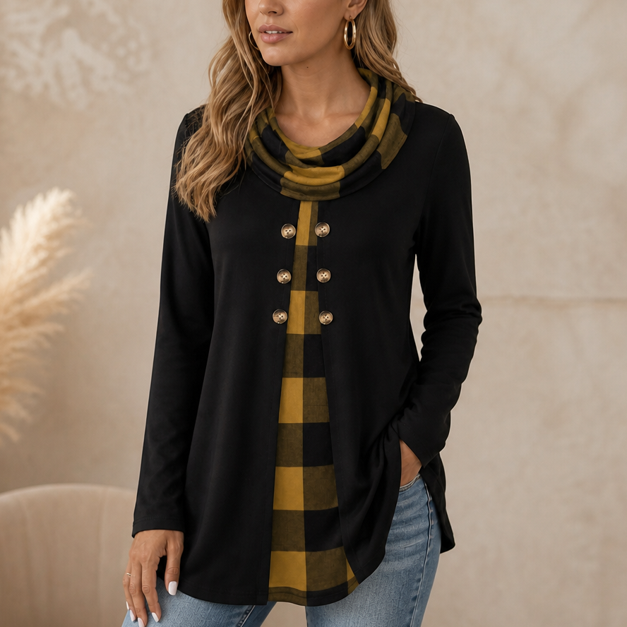 Layerella – Plaid-Detail Faux-Layered Long-Sleeve Tunic