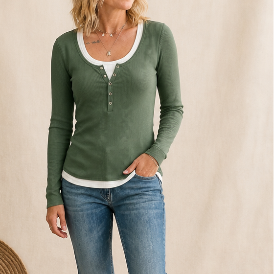 Layerlynn – Faux-Layered Ribbed Henley Top