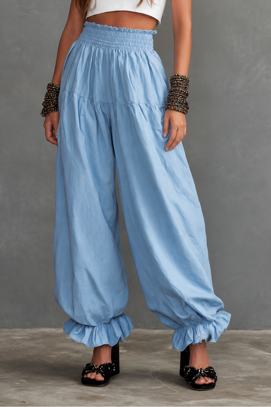 Wearbella – Smocked Waist Ruffled Hem Wide Leg Pants