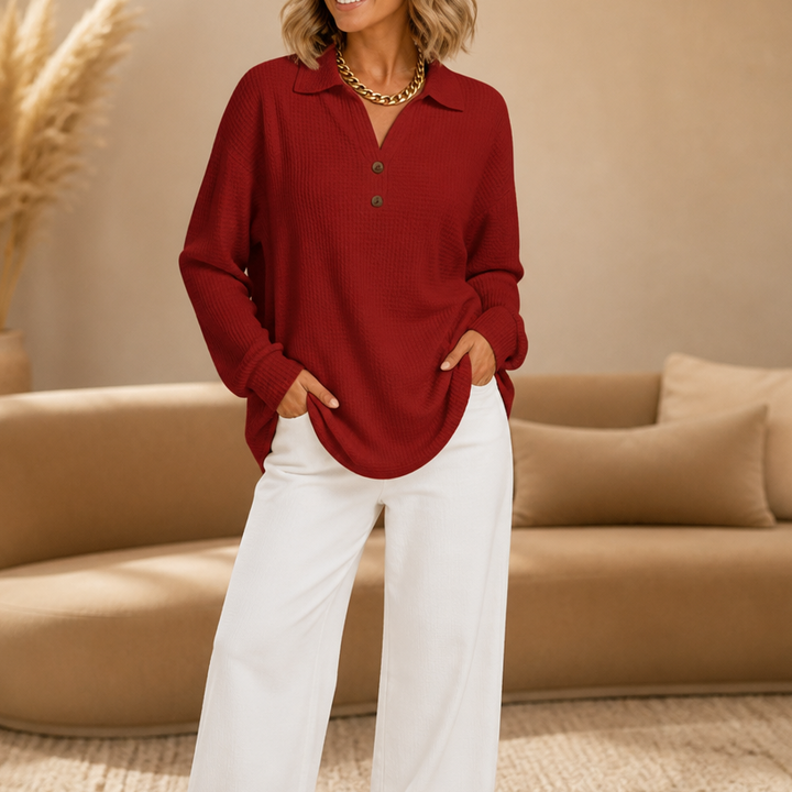 Wafelle – Waffle-Knit V-Neck Button Placket Top