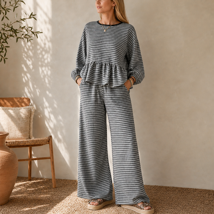 Elara – Gingham Peplum Top And Wide-Leg Pants Set