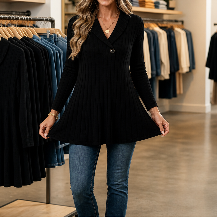 Curvella – Ribbed V-Neck Slim Fit Knit Top
