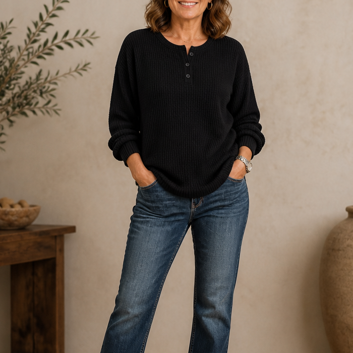 Wearla – Ribbed Waffle Knit Henley Top