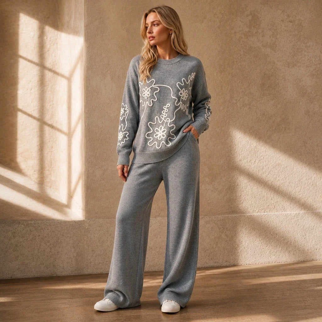 Florenza – Floral Embroidered-Look Knit Sweater And Wide-Leg Pants Set