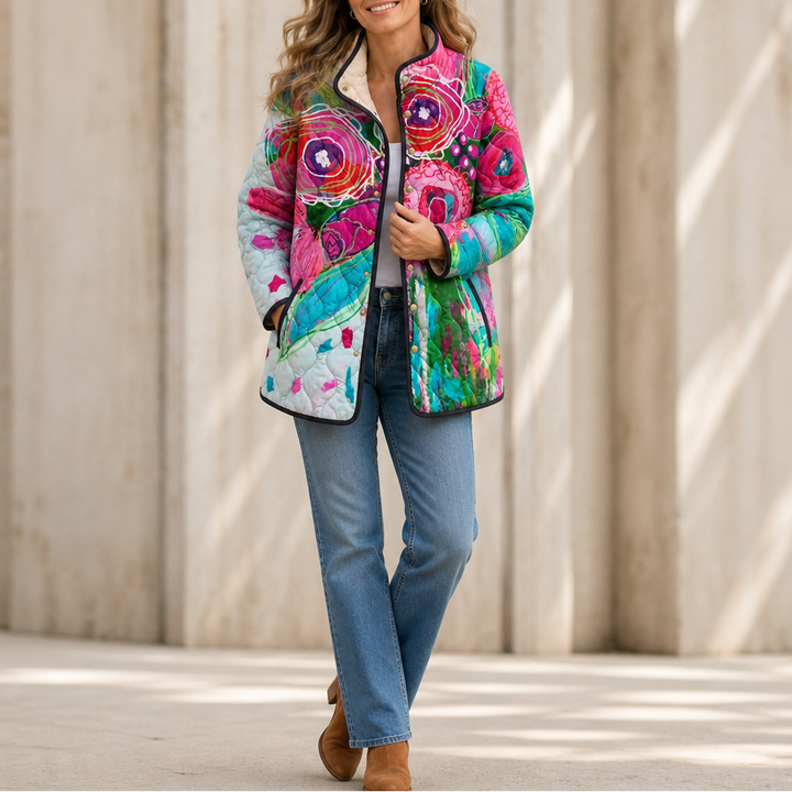 Garden Muse – Painterly Floral Quilted Longline Jacket