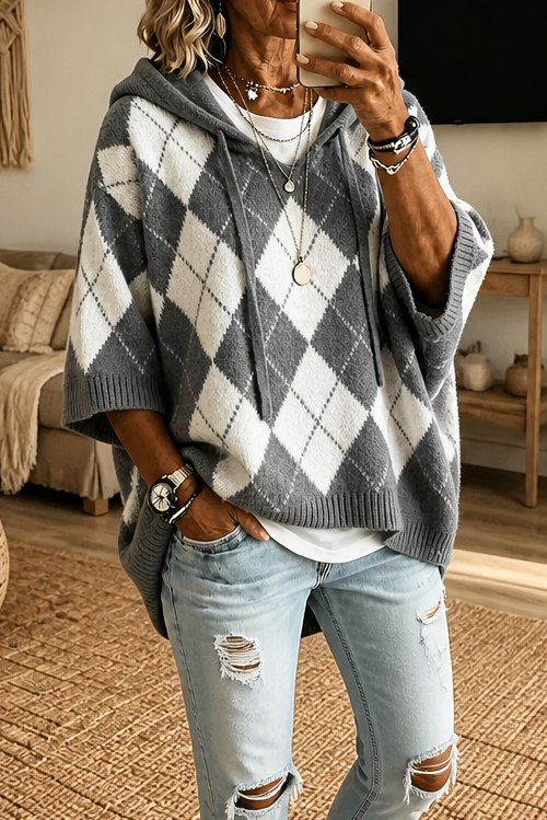 Wrapbella – Hooded Argyle Batwing Poncho Sweater