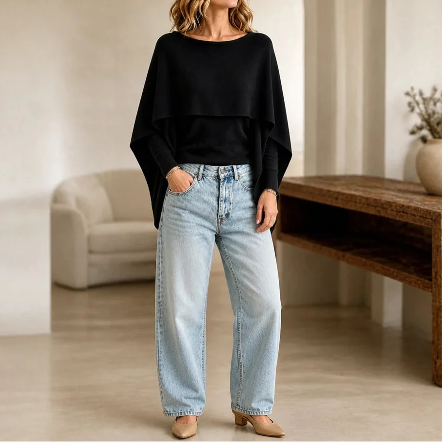 Druni Chic – Layered Cape-Shoulder Knit Top