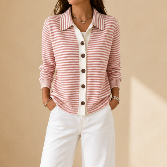 Wearbella – Striped Collared Button-Front Cardigan