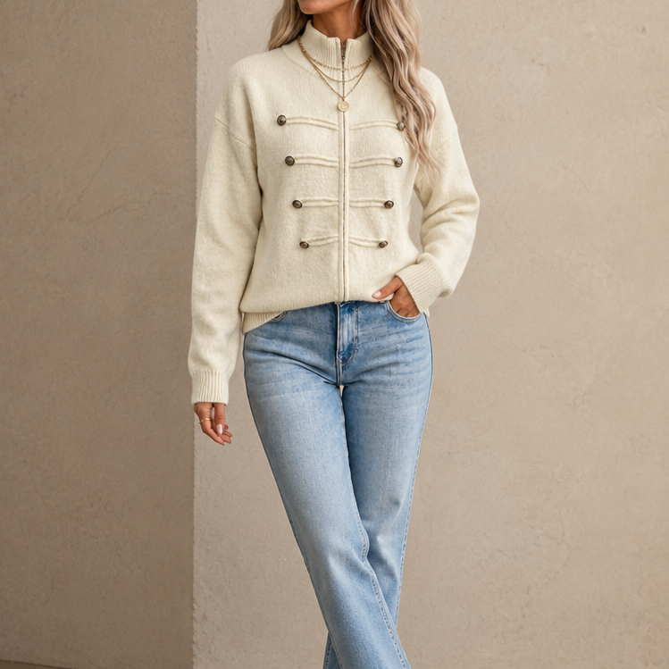 Mayfield – Gold Button Military-Style Knit Cardigan