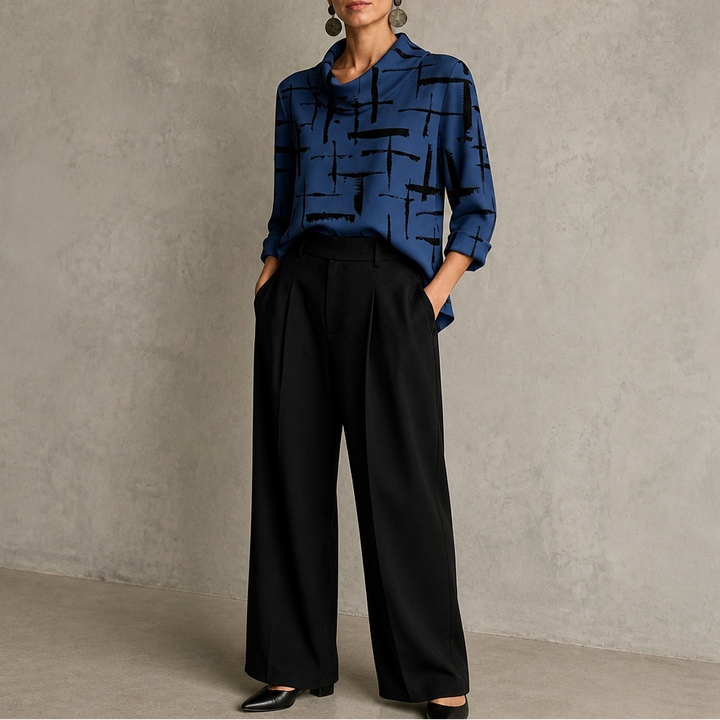 Cowlina – Cross-Print Cowl-Neck 3/4-Sleeve Blouse