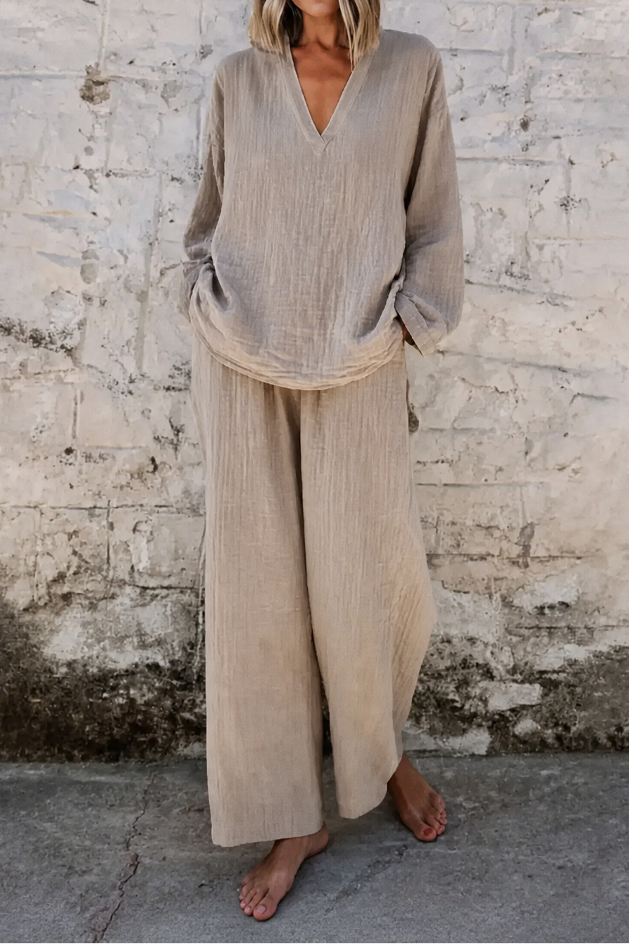 Wearbella – V-Neck Top And Wide-Leg Pant Set