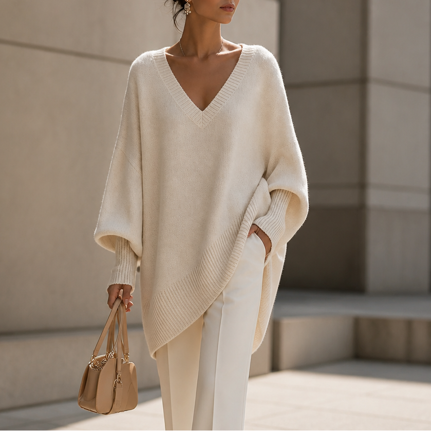 Vellora – Draped V-Neck Stretch-Knit Sweater