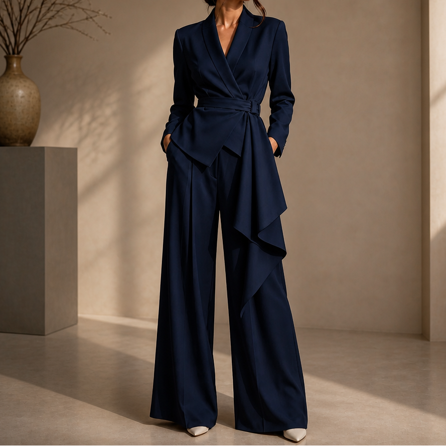 Drapevera – Buckle-Belted Wrap Blazer And Wide-Leg Trouser Set