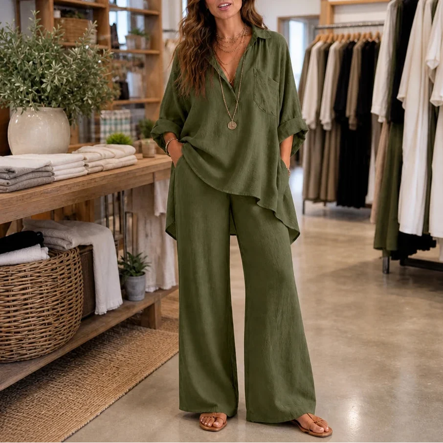 Velaire – V-Neck Top And Wide-Leg Pants Set